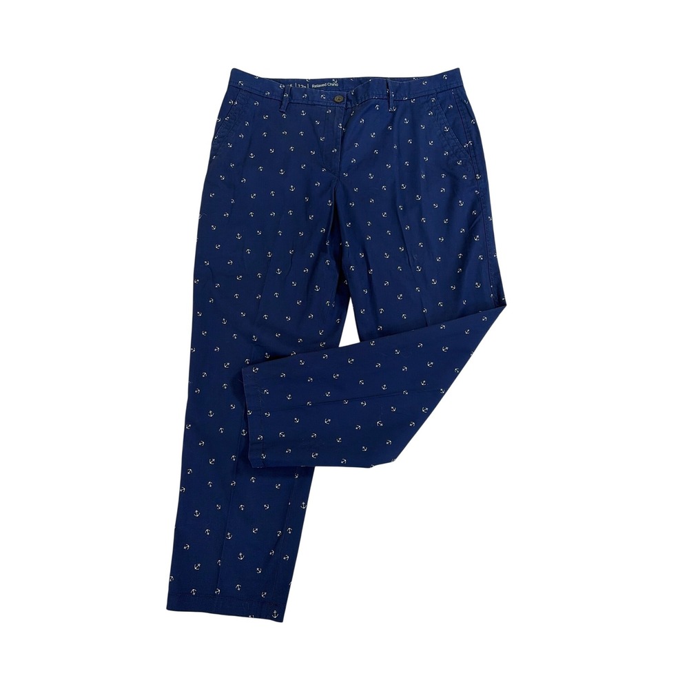 Talbots Relaxed Chino Navy Blue Anchor Embroidered Pants Womens 12P Coastal Boat